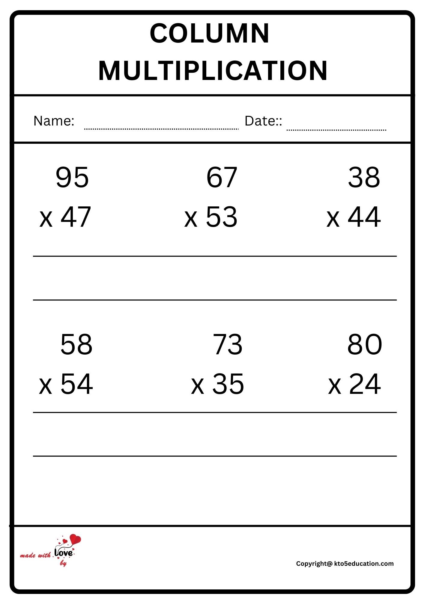 Column Multiplication Worksheet