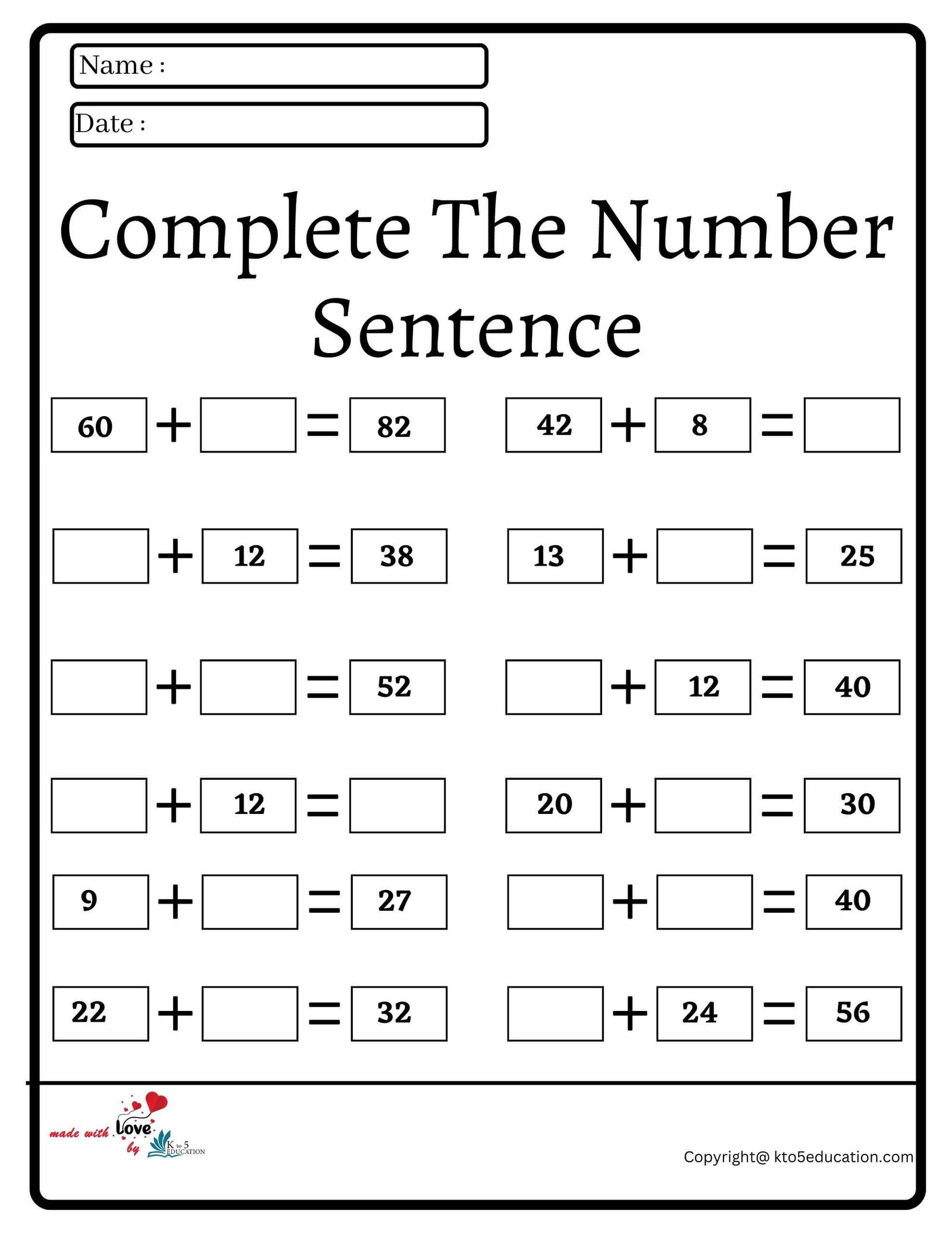 Complete The Number Sentence Worksheet 2