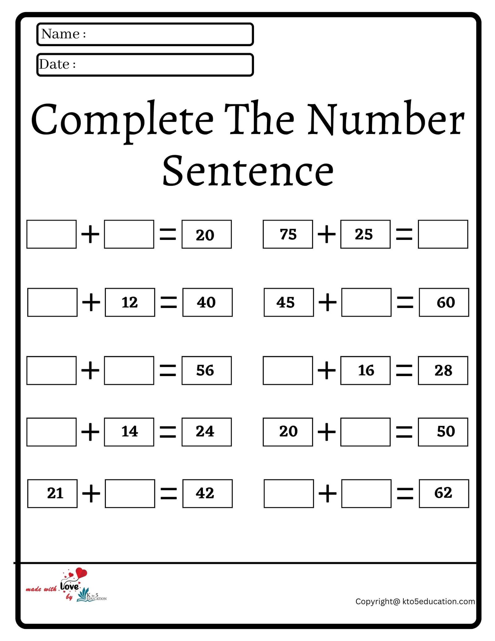 Complete The Number Sentence Worksheet