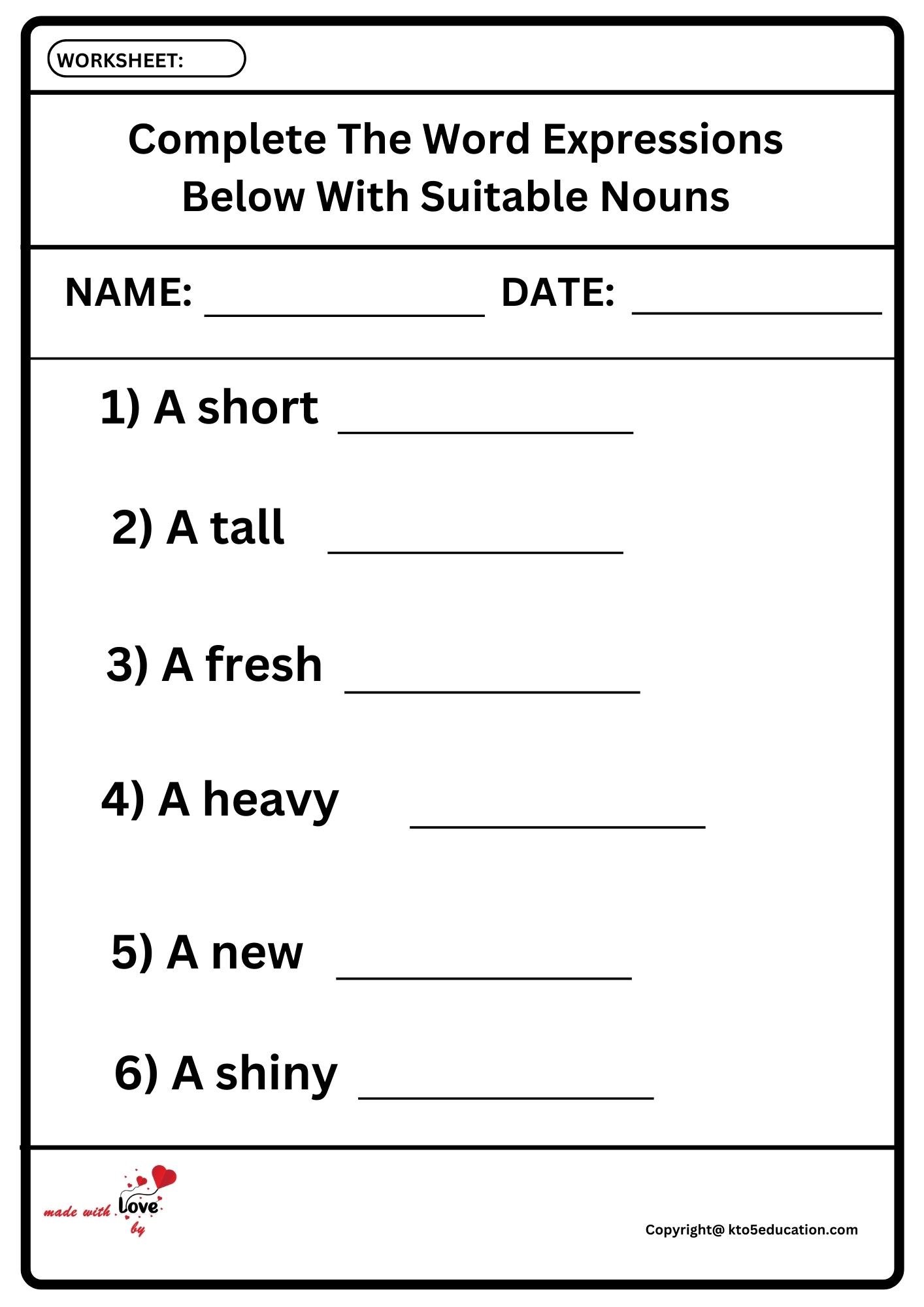 Complete The word Expressions Below With Suitable Nouns Worksheet 2