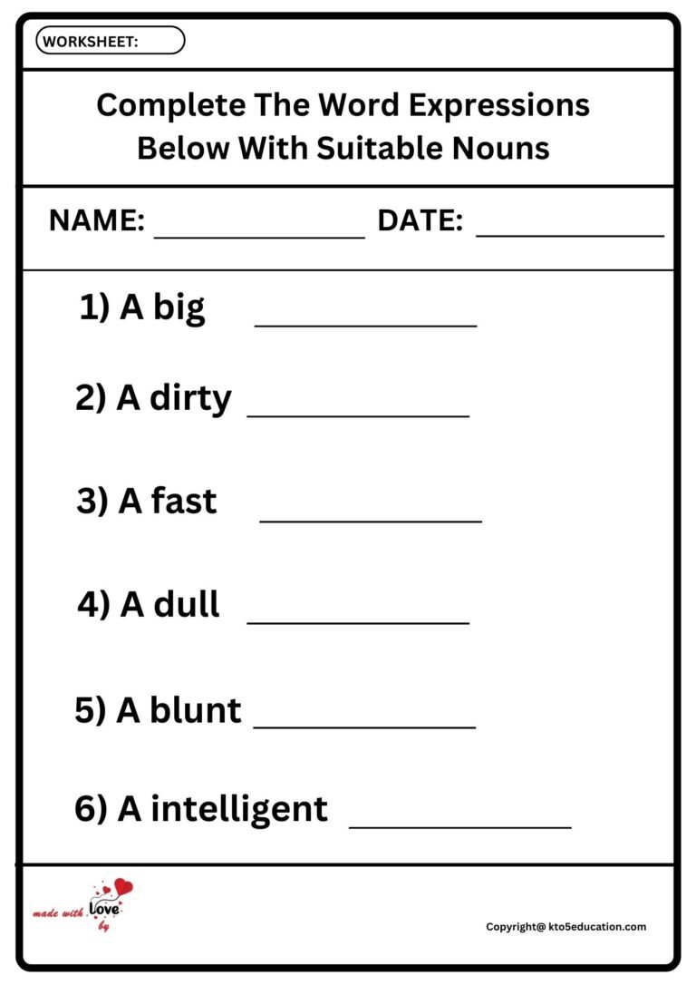 Complete The word Expressions Below With Suitable Nouns Worksheet | FREE Download