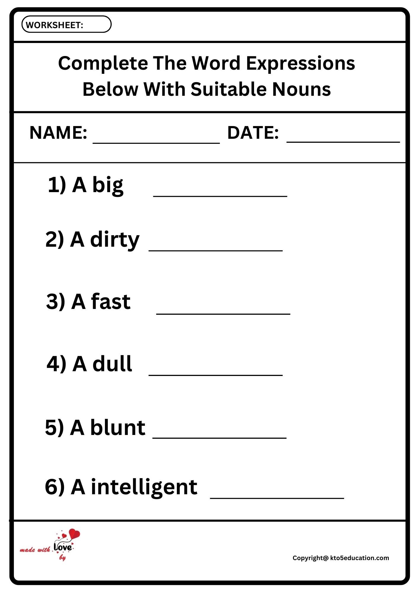 Complete The word Expressions Below With Suitable Nouns Worksheet