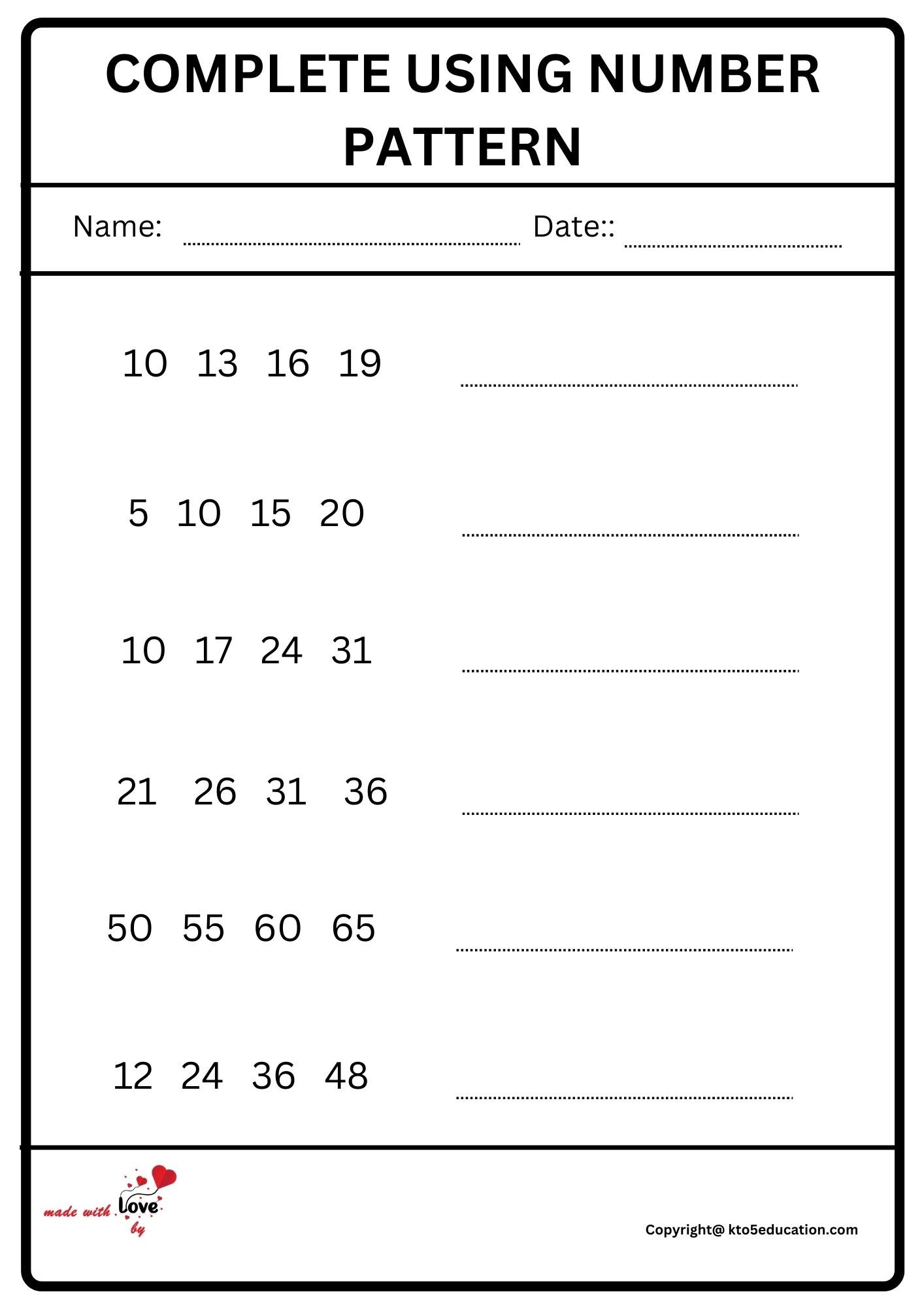 Complete Using Number pattern Worksheet