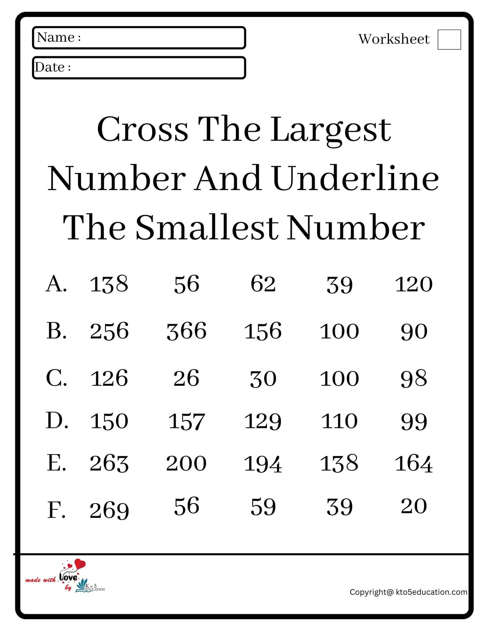 Cross The Largest Number And Underline The Smallest Number Worksheet