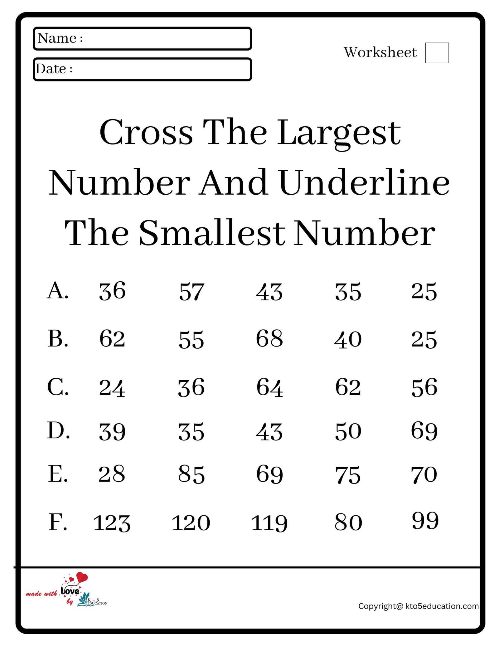 Cross The Largest Number And Underline The Smallest Number Worksheet