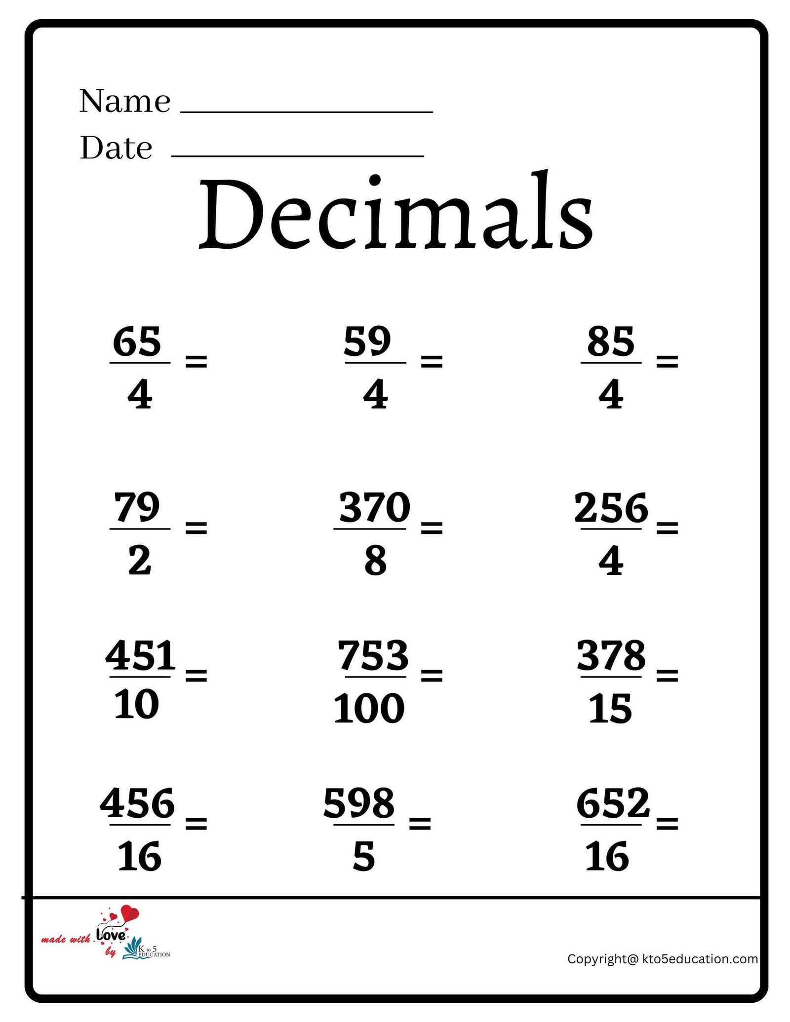 Decimals Worksheet 2
