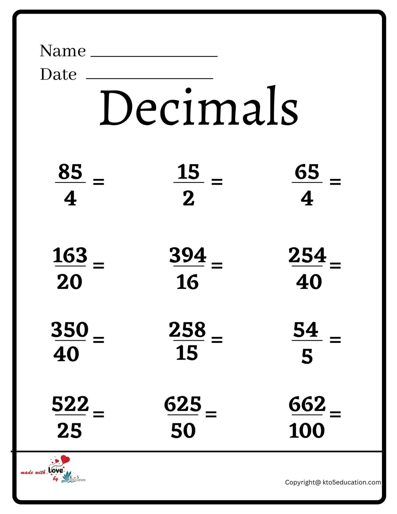 Decimals Worksheet