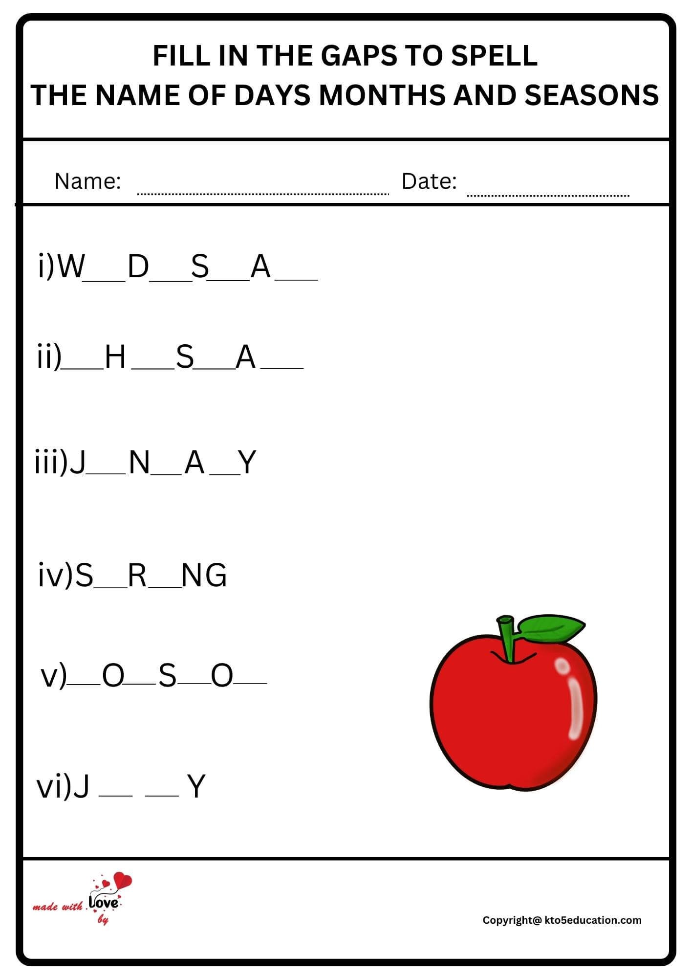 FIl In The Gaps To Spell The Name Of Days Months And Seasons worksheet 2