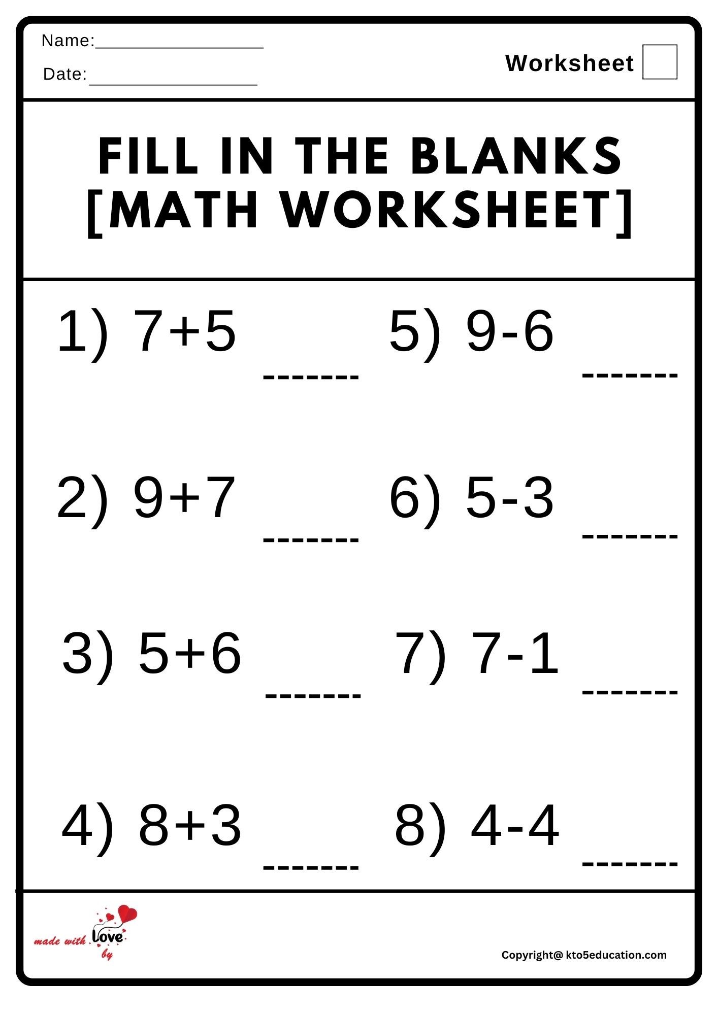 Fill In The Blanks Math Worksheet
