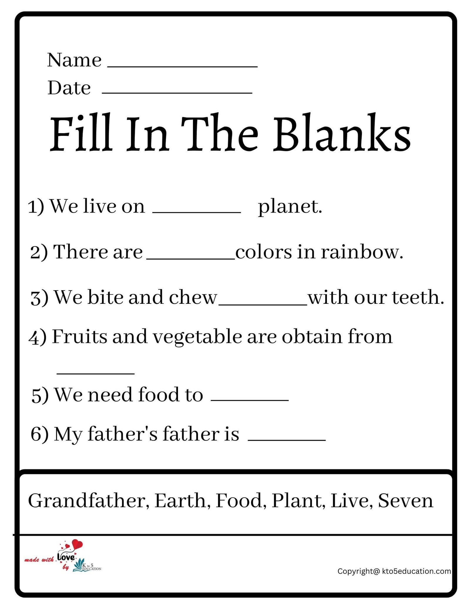 Fill In The Blanks Worksheet