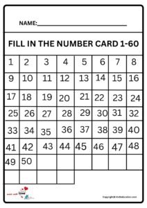 Fill In The Number Card 1-60 Worksheet 2