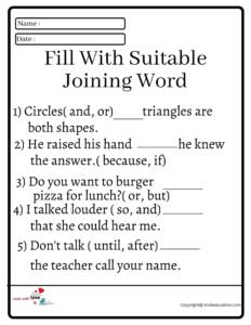 Fill The Suitable Joining Word Worksheet 2
