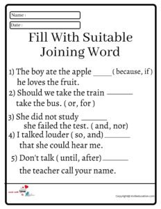 Fill With Suitable Joining Word Worksheet