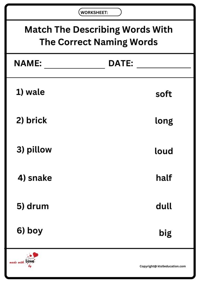 Match The Describing Words With The Correct Naming Words Worksheet 2 | FREE Download 