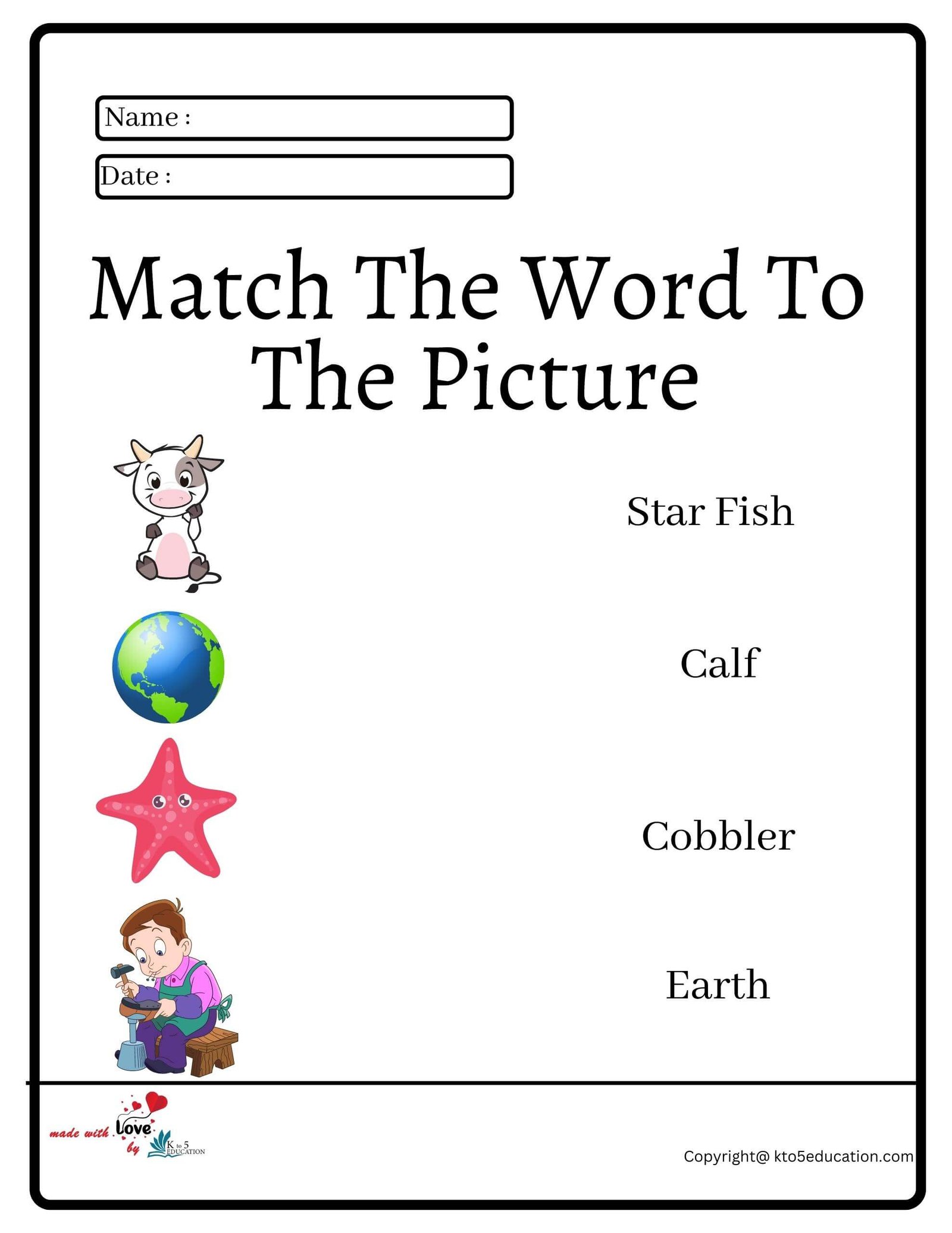 Match The Word To The Picture Worksheet