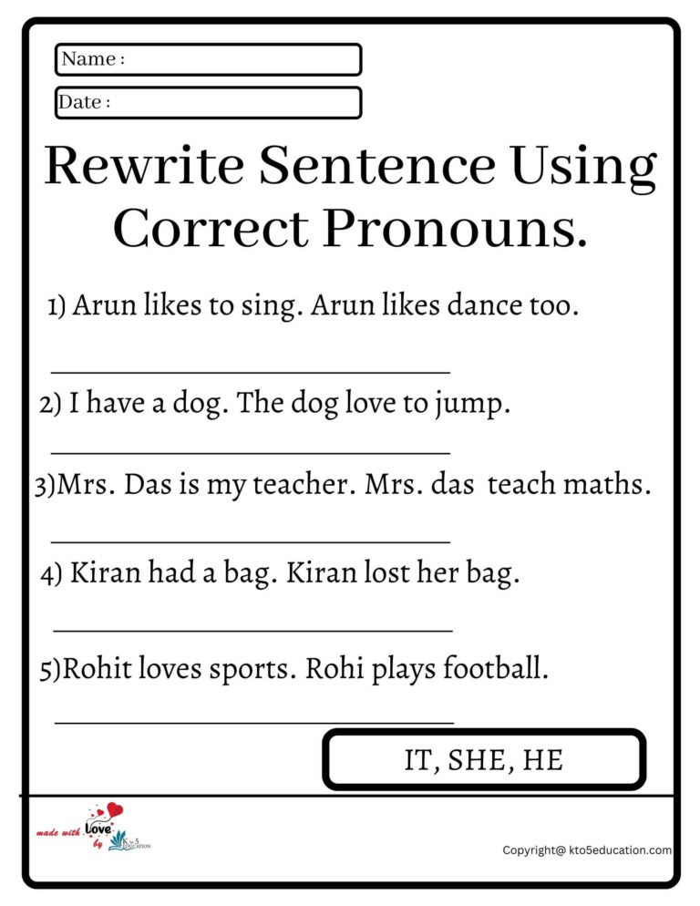 Rewrite Sentence Using Correct Pronouns Worksheet | FREE Download 