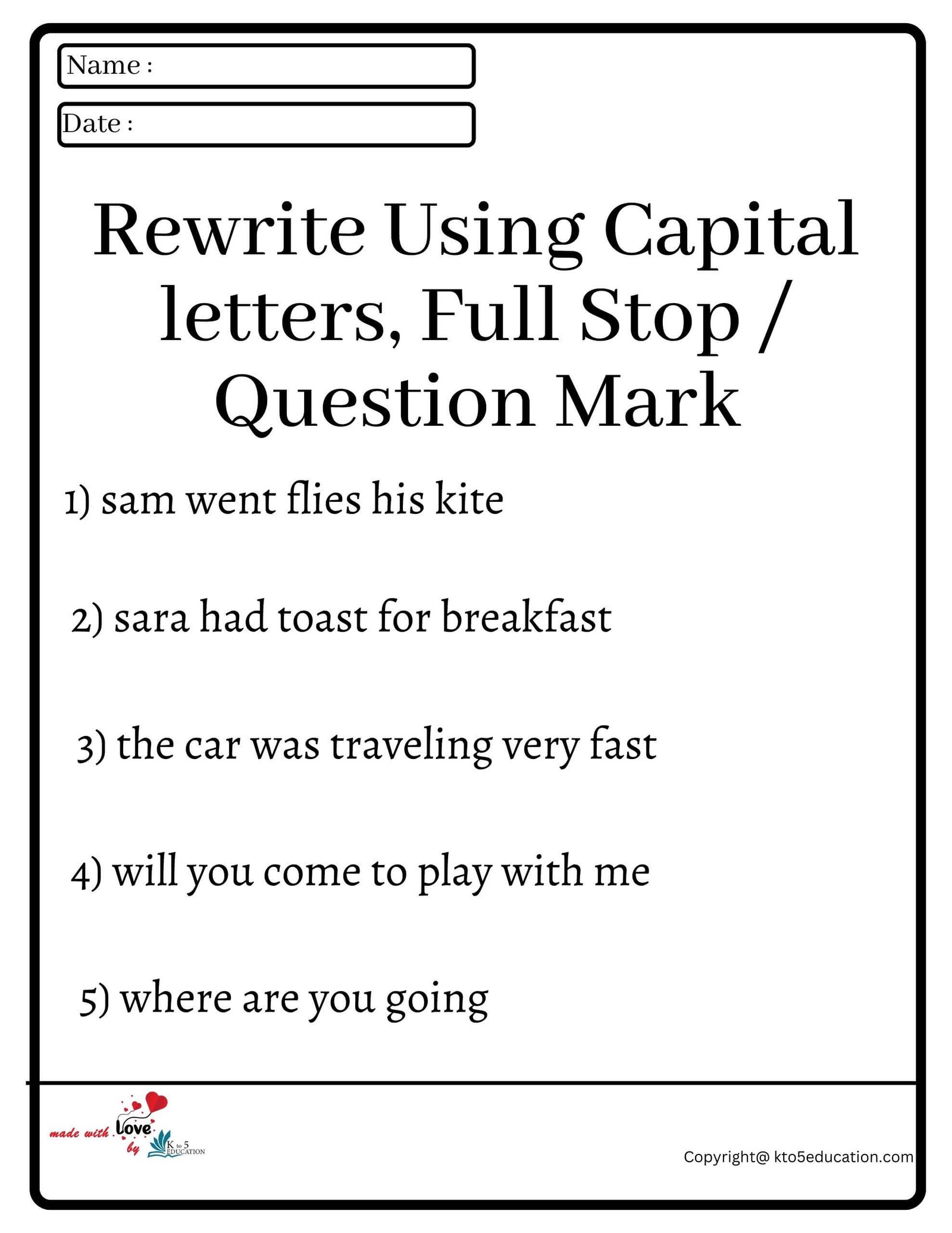 Rewrite Using Capital Letters Full Stops Question Mark Worksheet 2