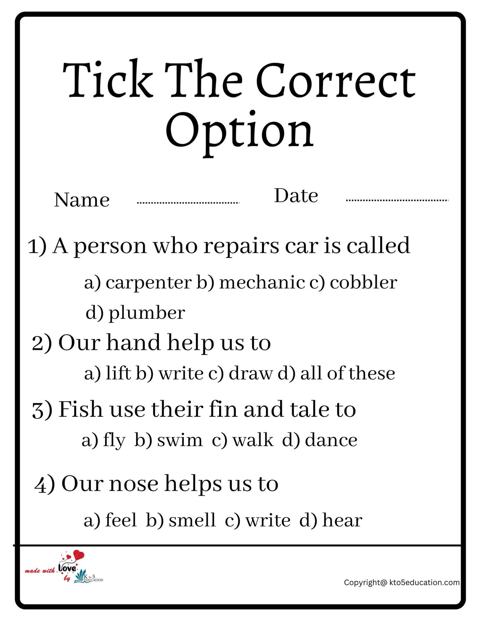 Tick The Correct Option Worksheet