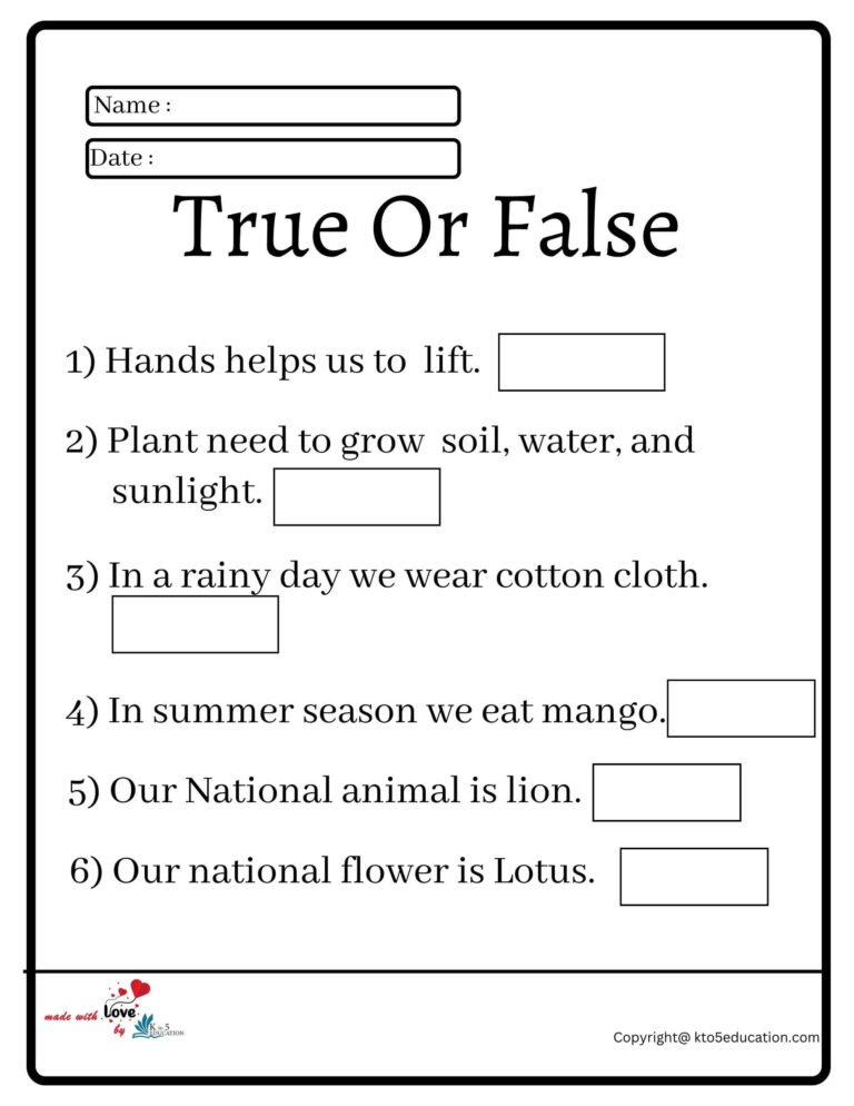 True Or False Worksheet