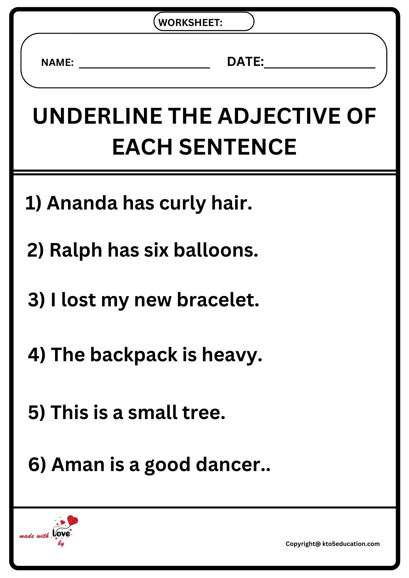 Under The Adjective Of Each Sentences Worksheet