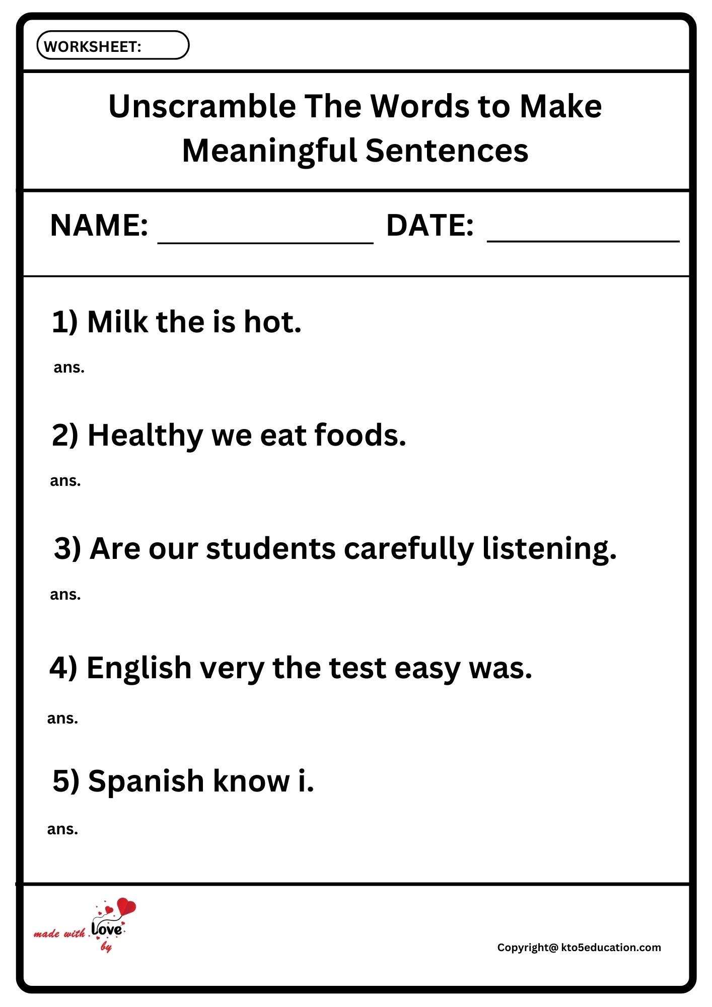 Unscramble The Word To Make Meaningful Sentences Worksheet 2