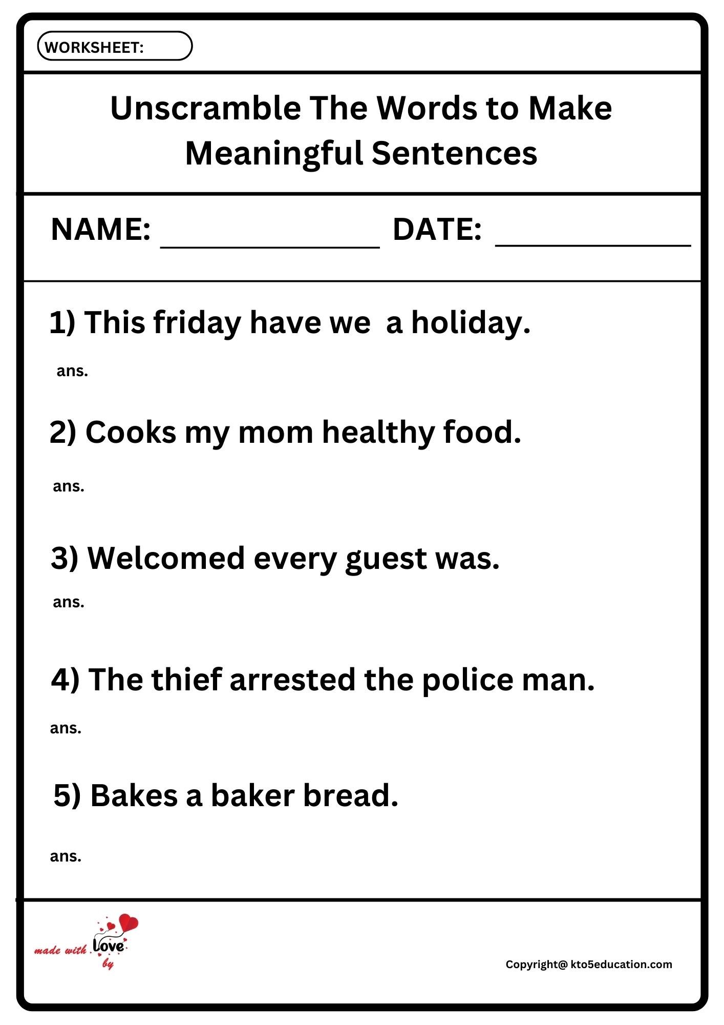 Unscramble The Word To Make Meaningful Sentences Worksheet