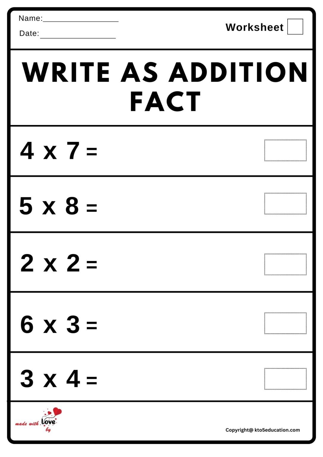 Free 4th Grade Addition Fact Worksheet