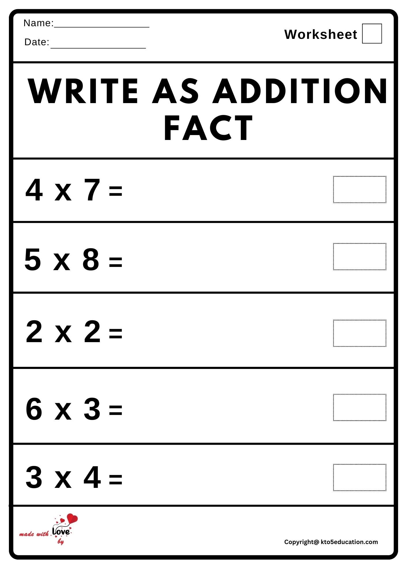Write As Addition Fact Worksheet 2