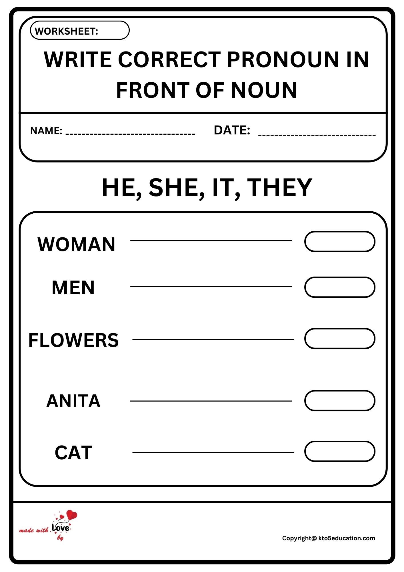 Write Correct Pronoun In Front Of Noun Worksheet