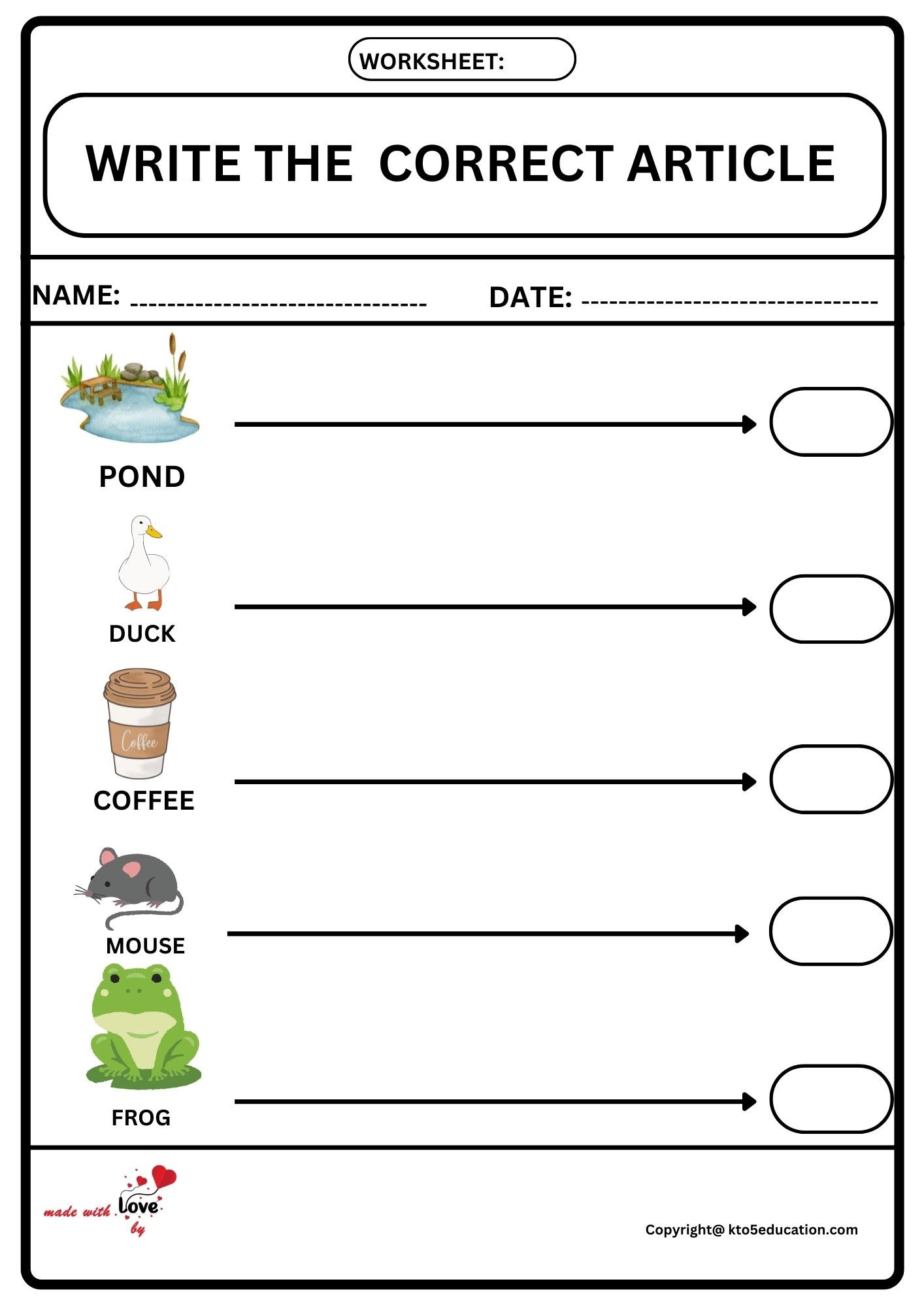 Write The Correct Article Worksheet