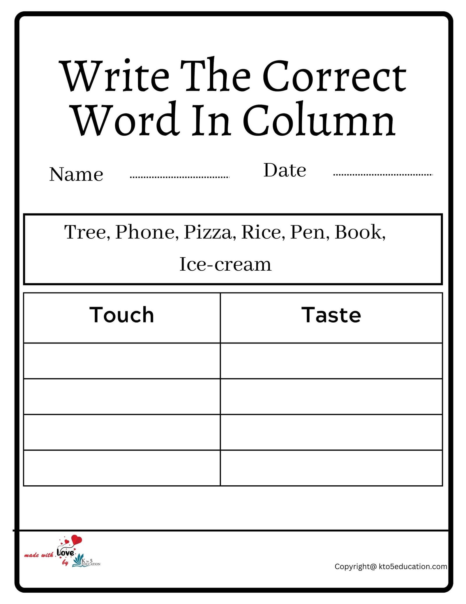 Write The Correct Word In Column Worksheet 2