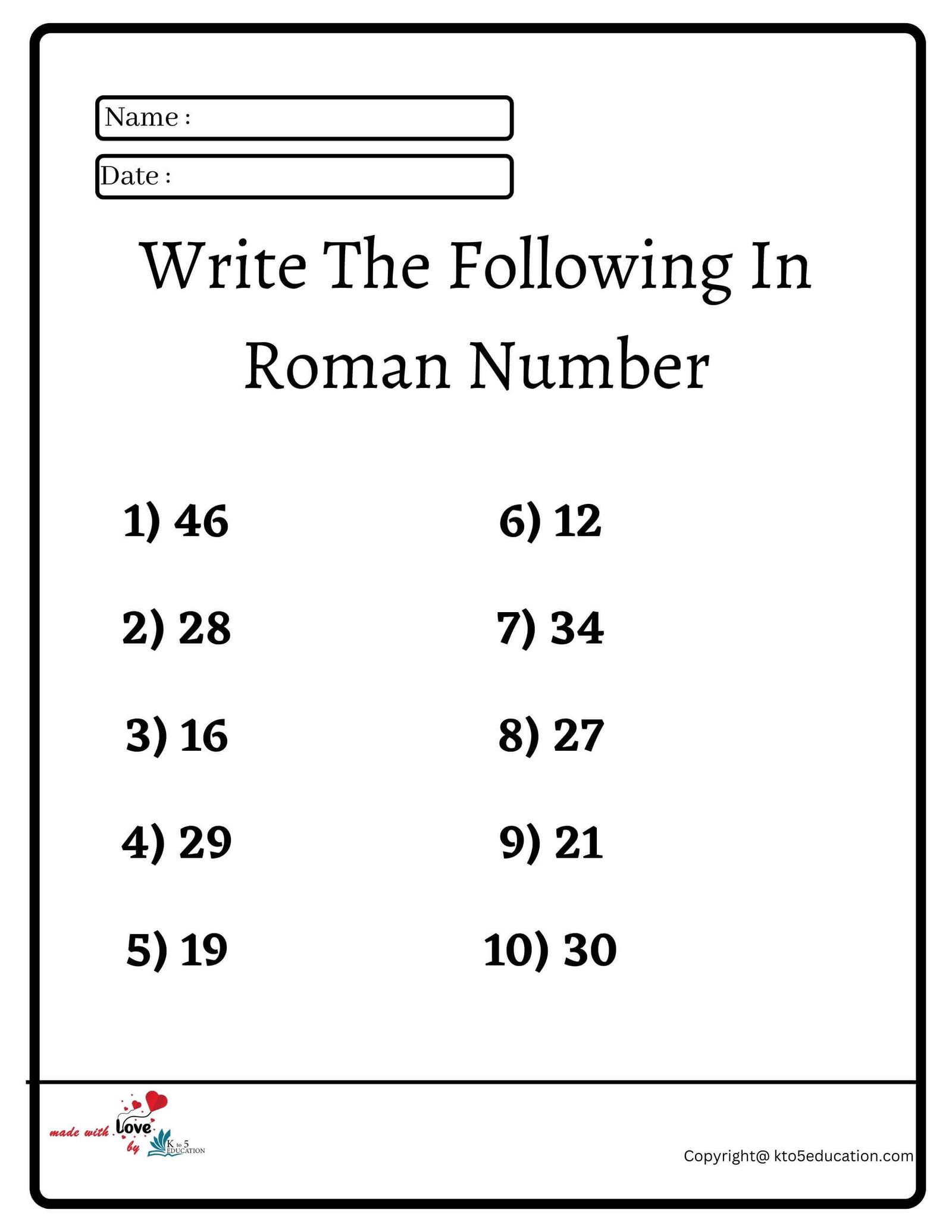 Write The Following In Roman Number Worksheet