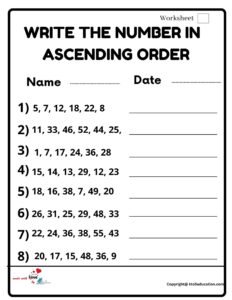 Write The Number In Ascending Order Worksheet