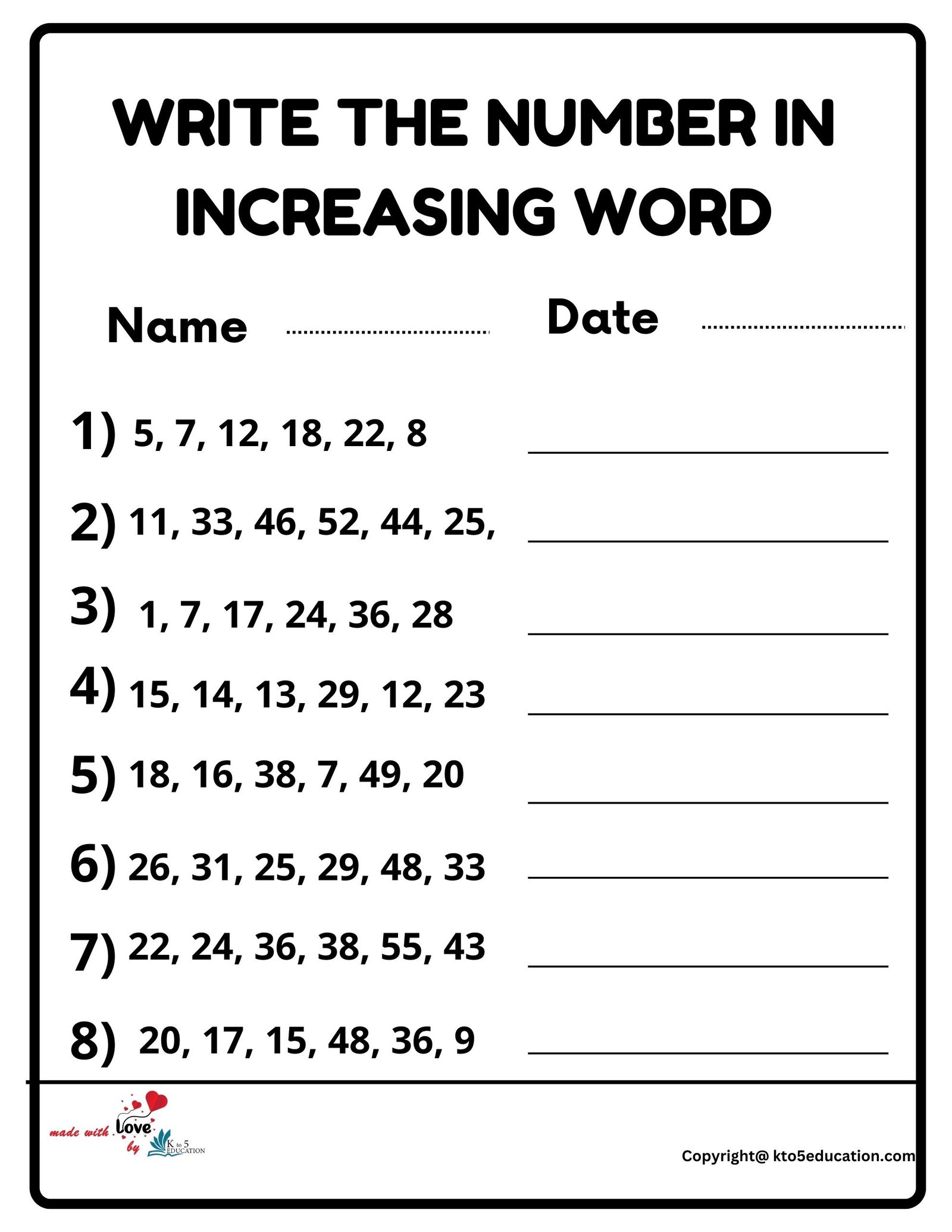 Write The Number In Increasing Order Worksheet