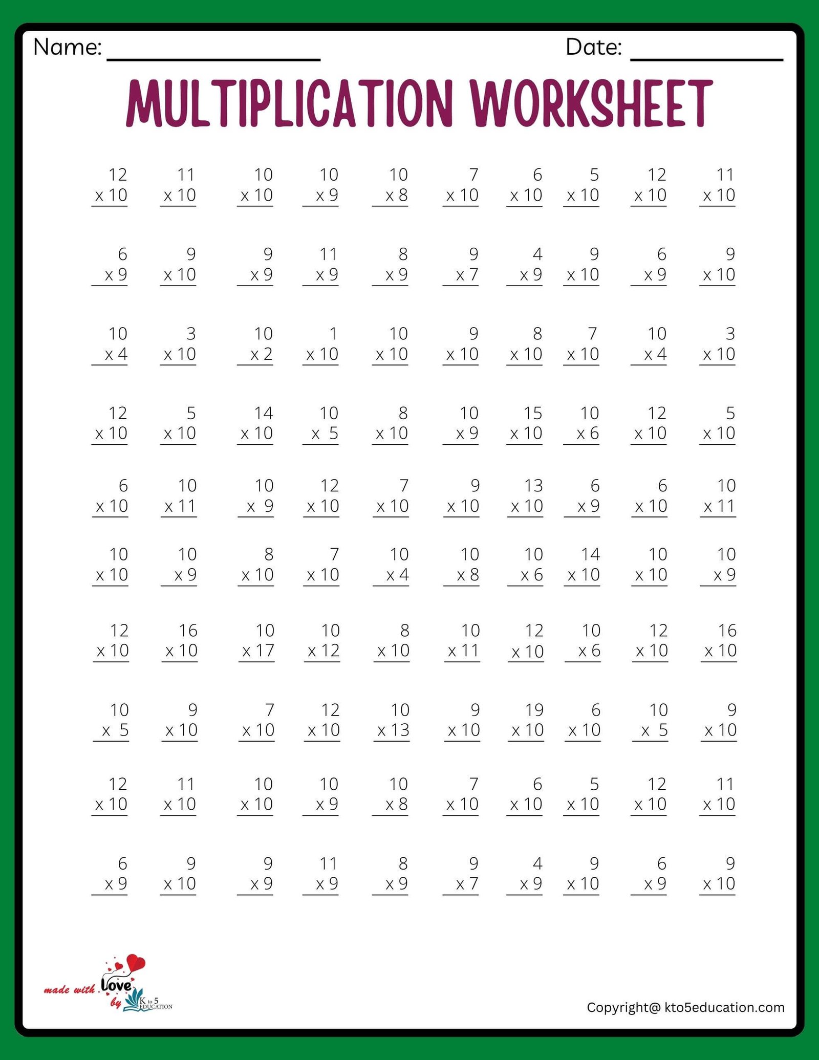 10x10 10 Multiplication Worksheet