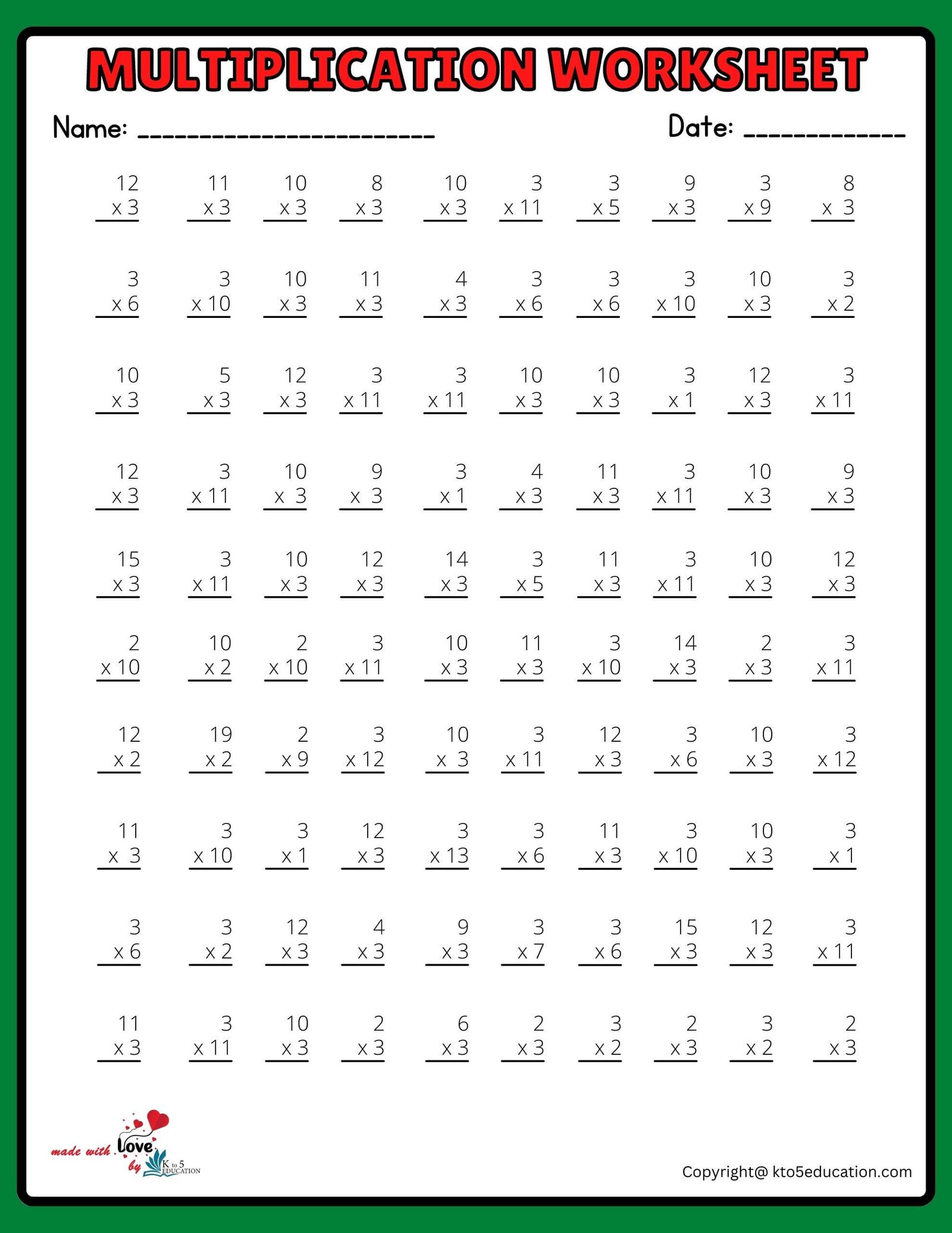 10x10 Blank Multiplication Worksheet