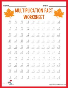 10x10 Multiplication Fact Worksheet