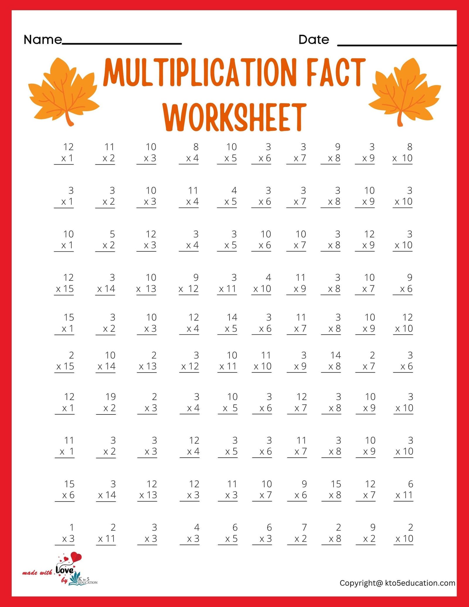 10x10 Multiplication Fact Worksheet