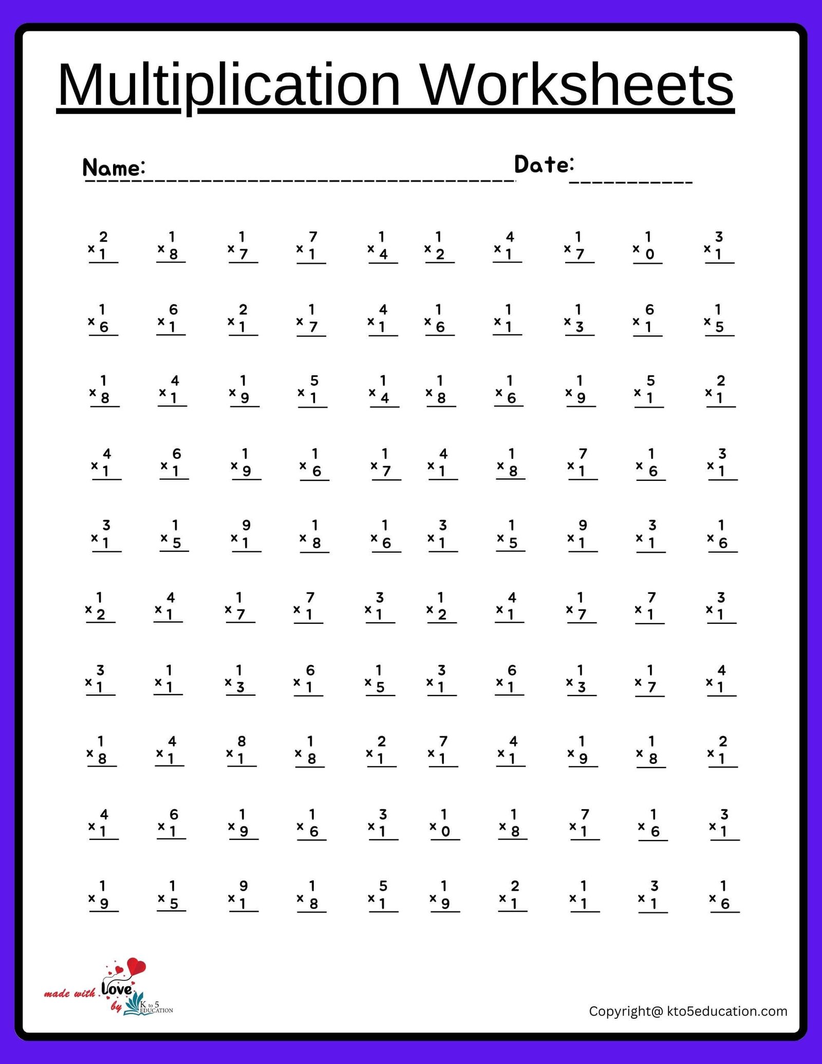10x10 Multiplication Worksheet (1 to 10)