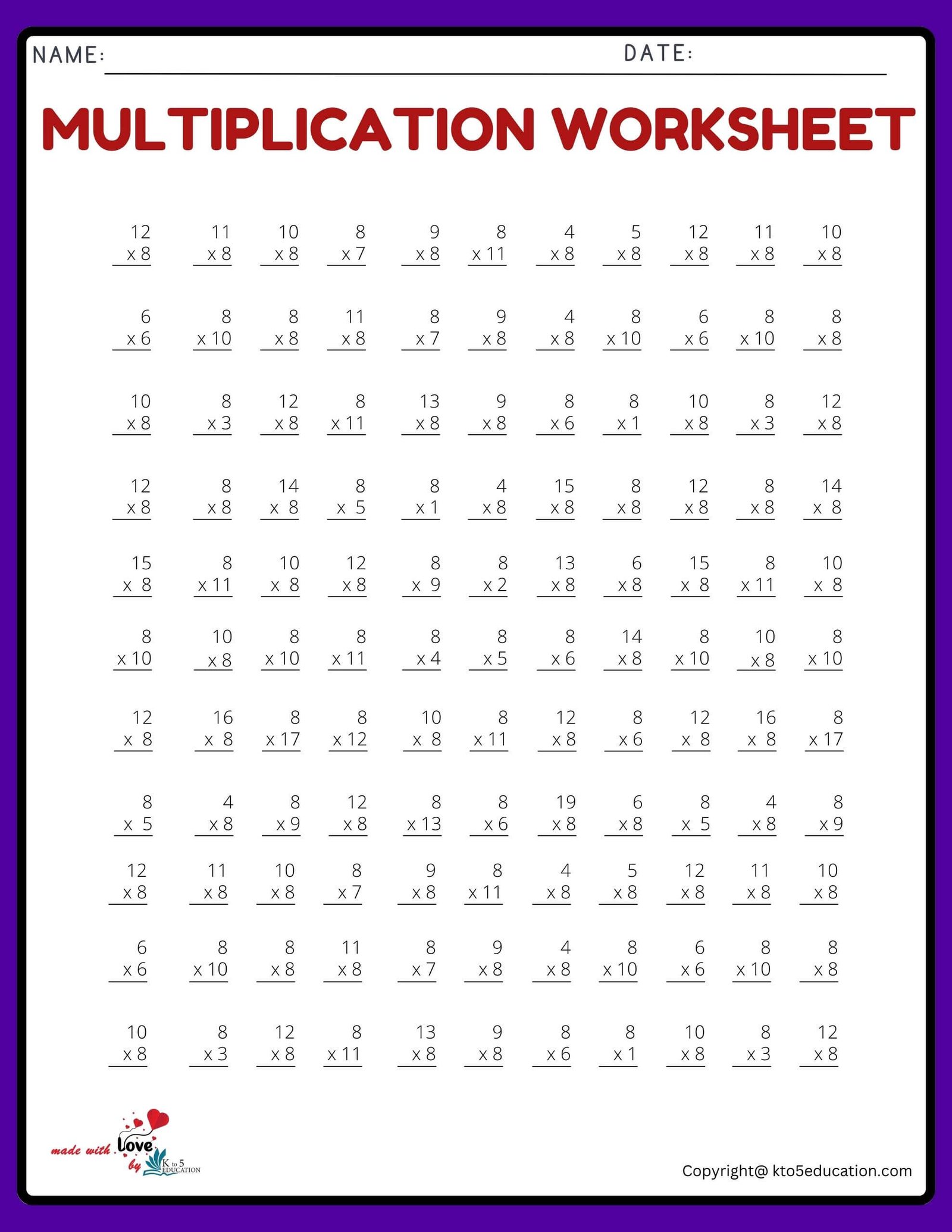 11x11 Multiplication Worksheet