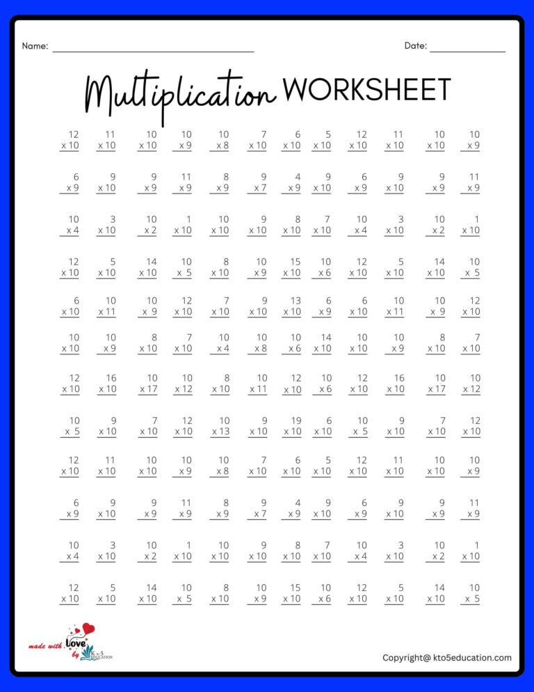 12×12 10 Multiplication Worksheet | FREE Download