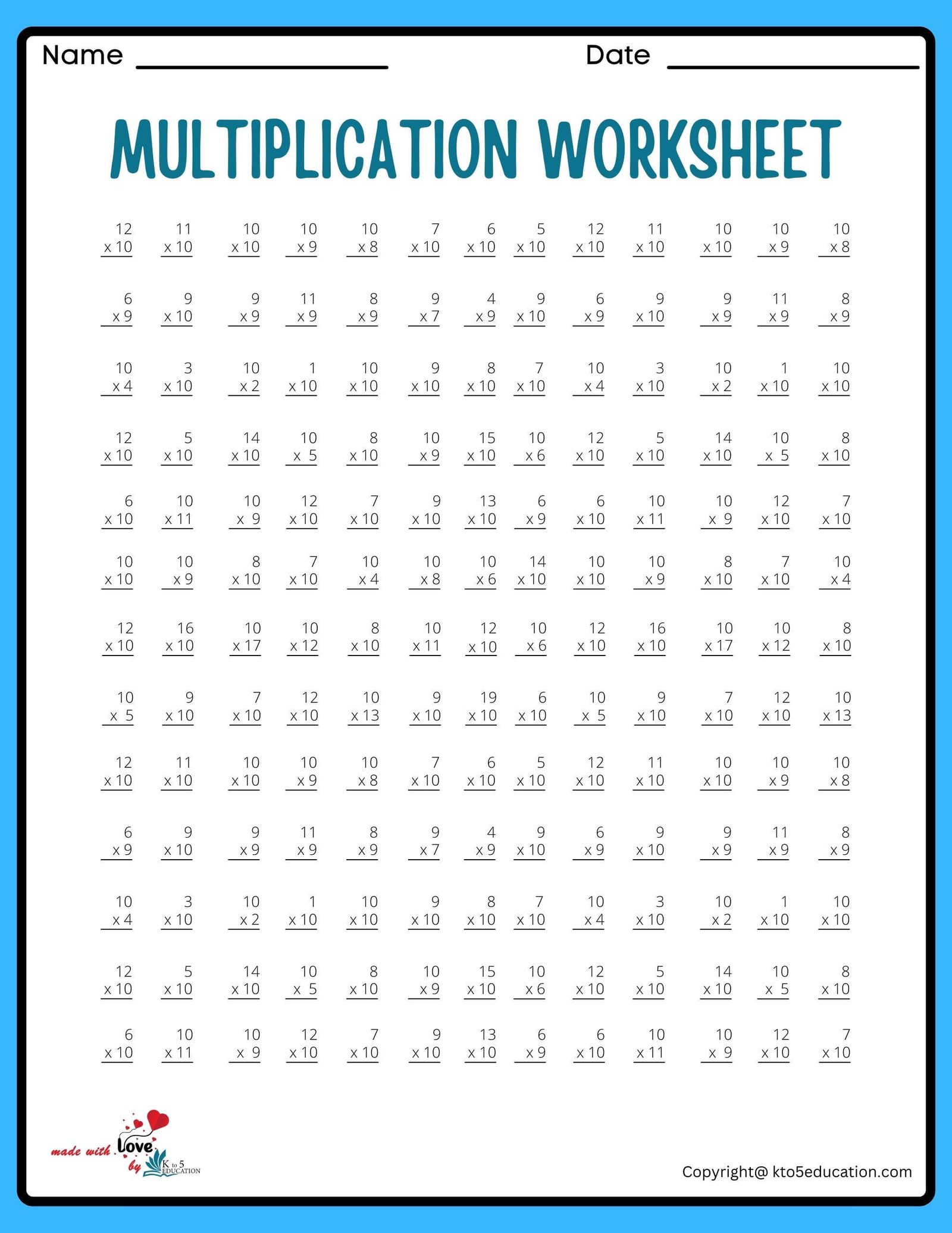 13x13 10 Multiplication Worksheet