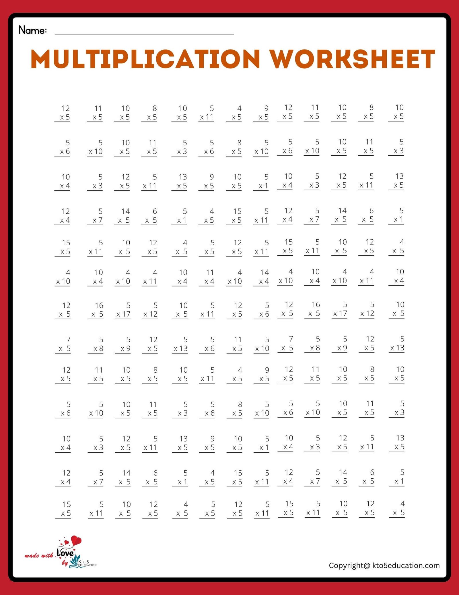 13x13 Multiplication Worksheet
