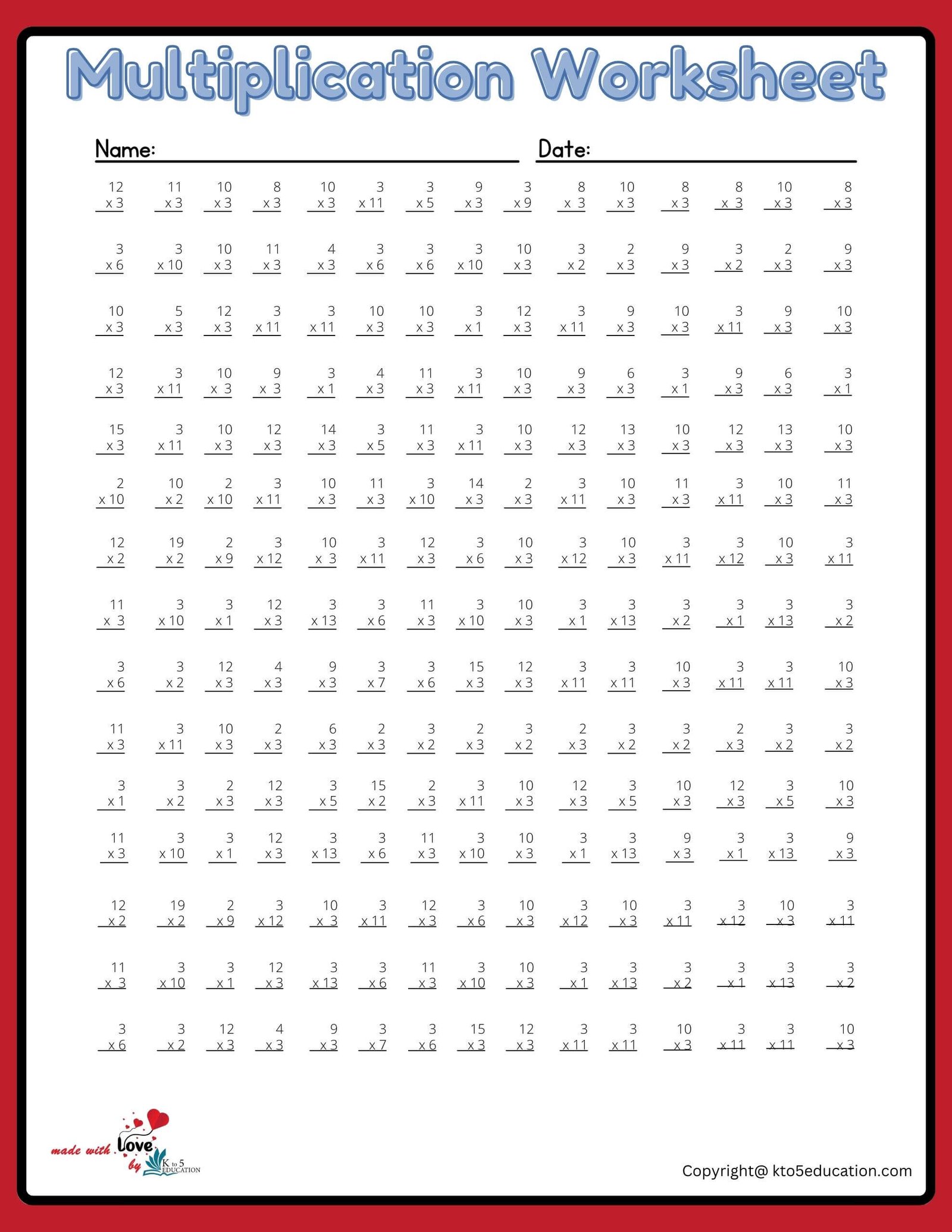 15x15 Multiplication Worksheet