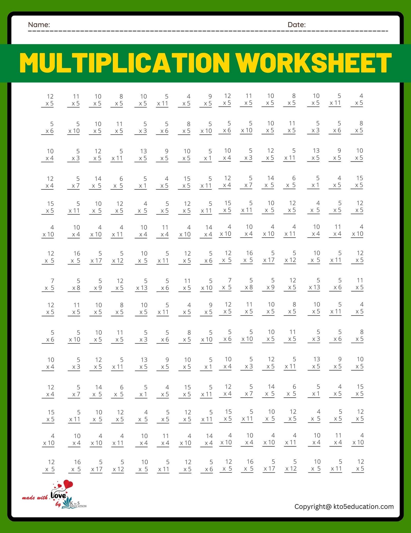 15x15 Multiplication Worksheet