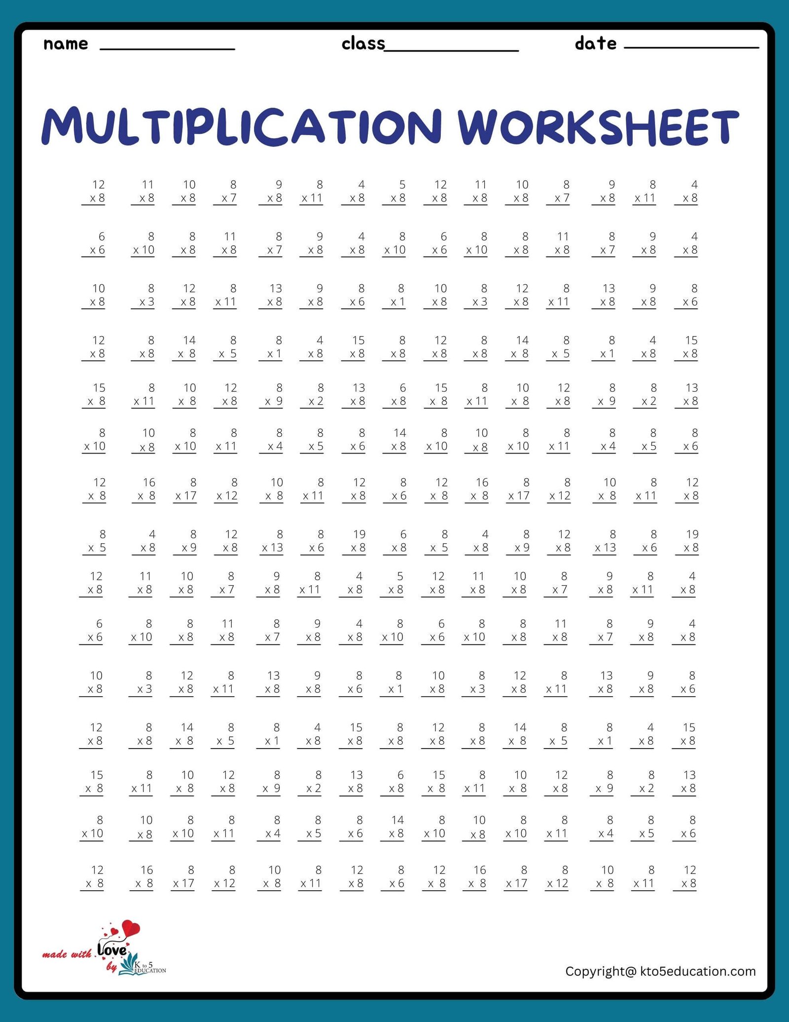 15x15 Multiplication Worksheet