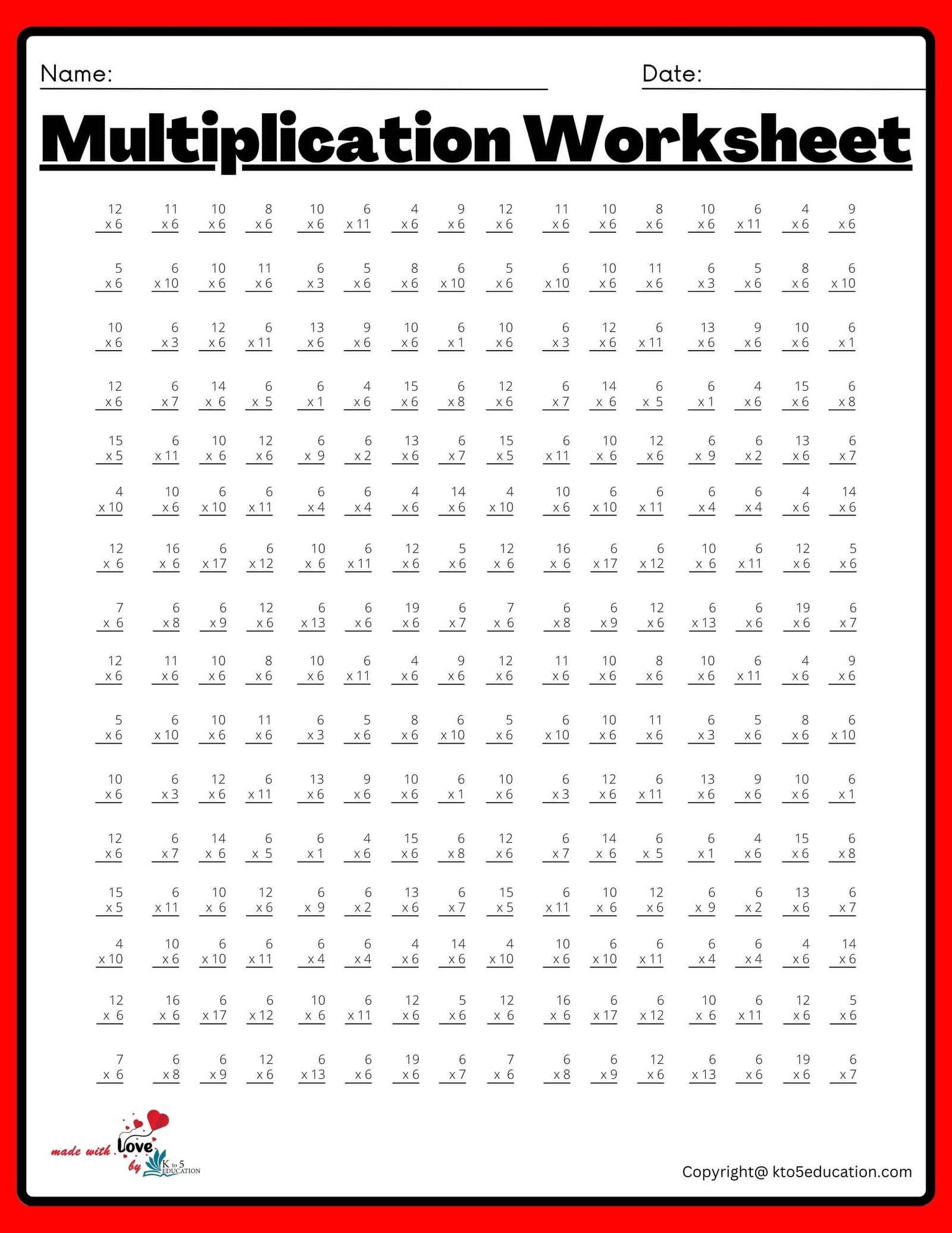 16x16 Multiplication Worksheet