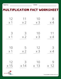 4x4 Multiplication Fact Worksheet
