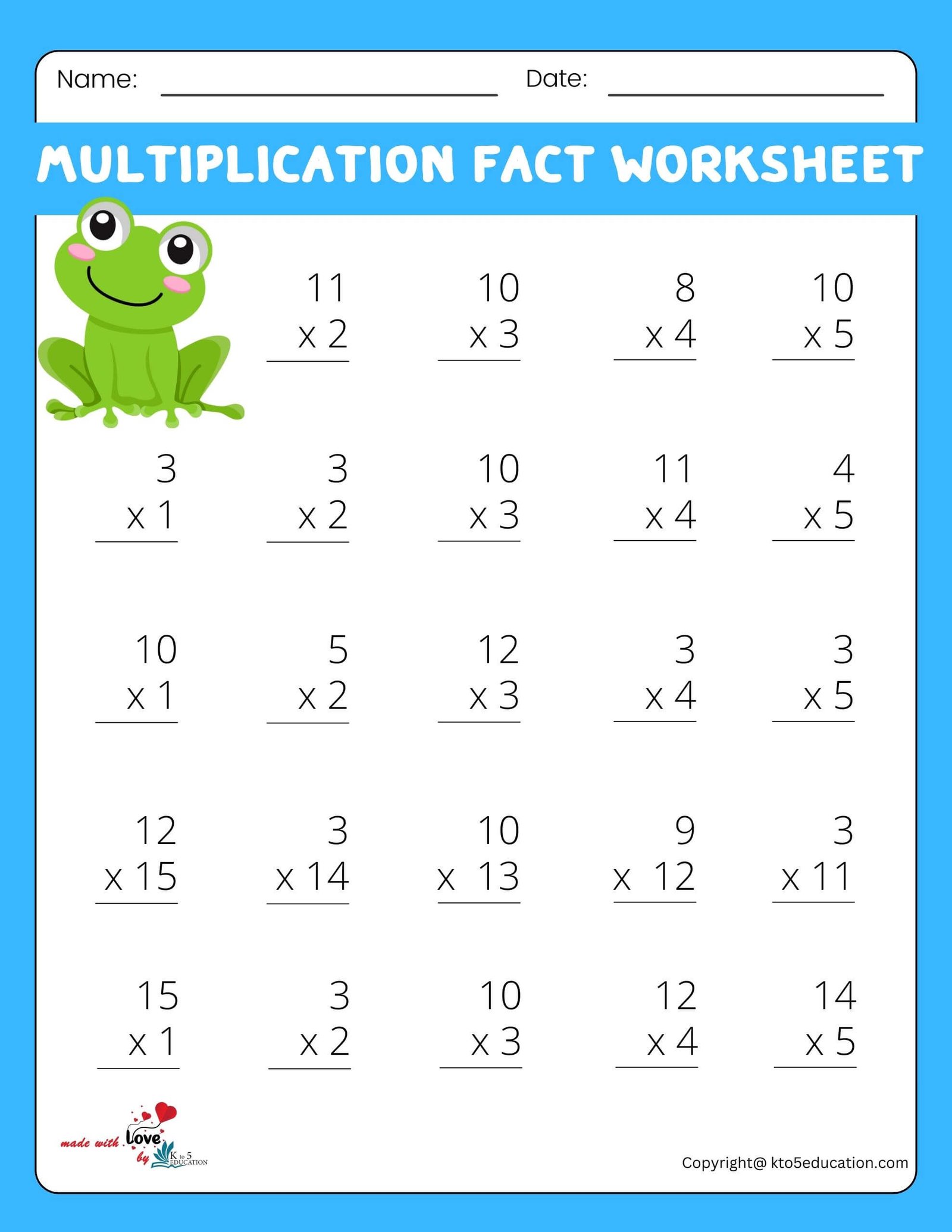 5x5 Frog Multiplication Fact Worksheet