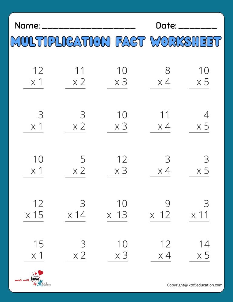 5×5 Multiplication Fact Worksheet | FREE Download